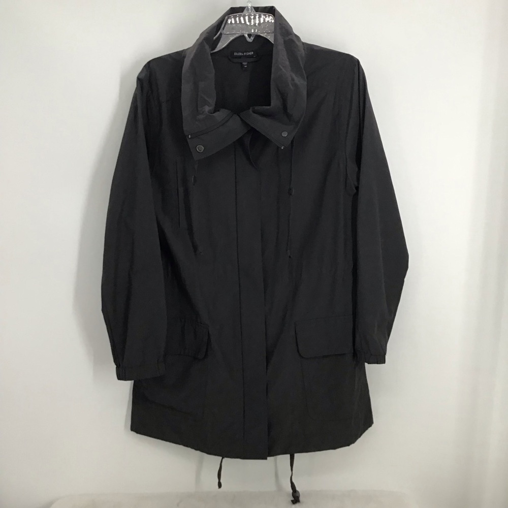 Eileen Fisher Light Weight Stand Collar Long Windbreaker Jacket Charcoal Size XS - Picture 2 of 10